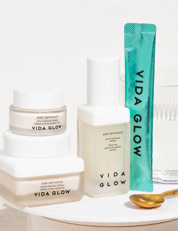 Vida Glow Age Defiance : Une routine de beauté bidirectionnelle pour les soins de la peau à l'intérieur et à l'extérieur.